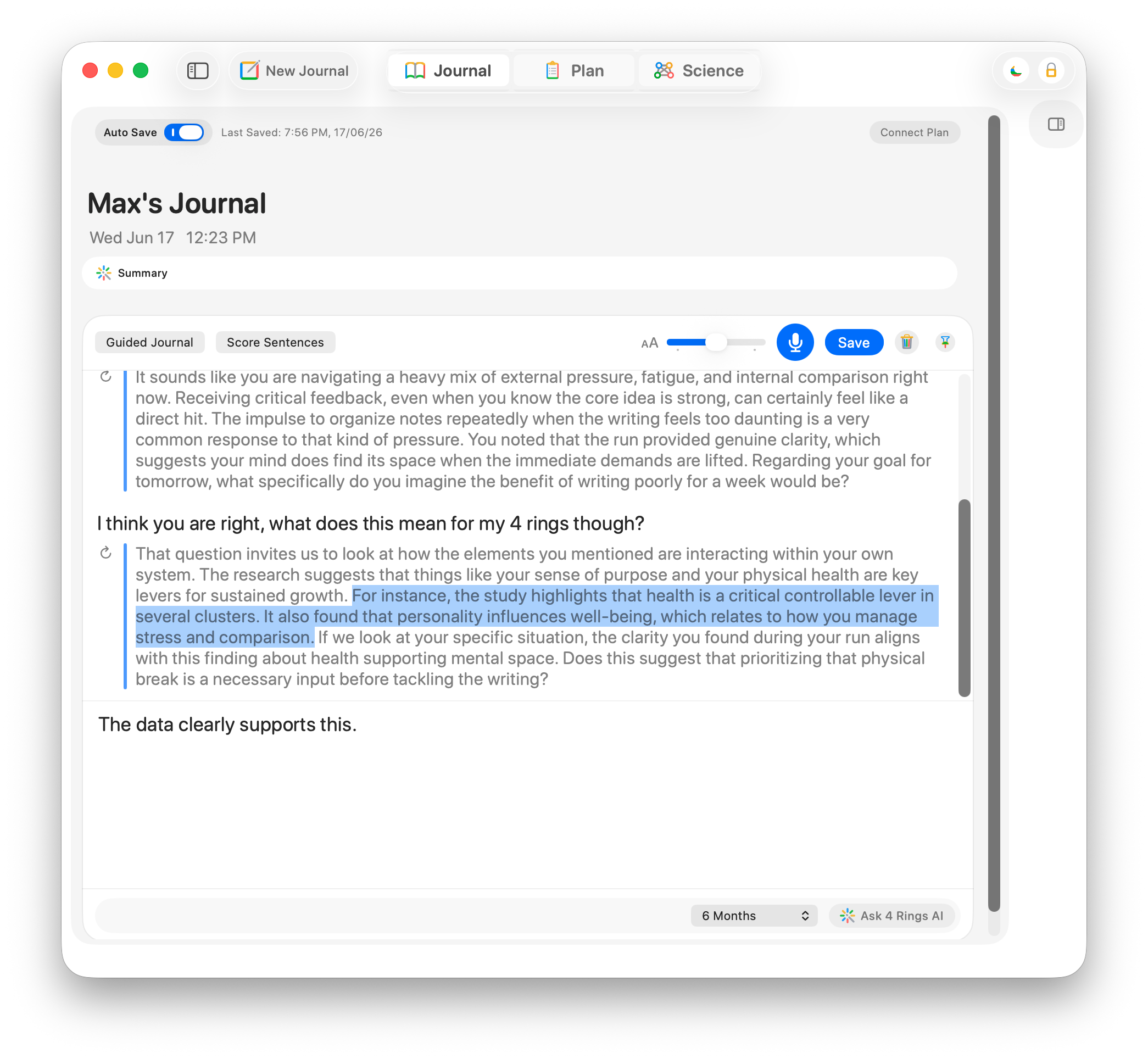 Ask 4 Rings AI on macOS — discussing a journal entry with the personal report added to the prompt for deep context.