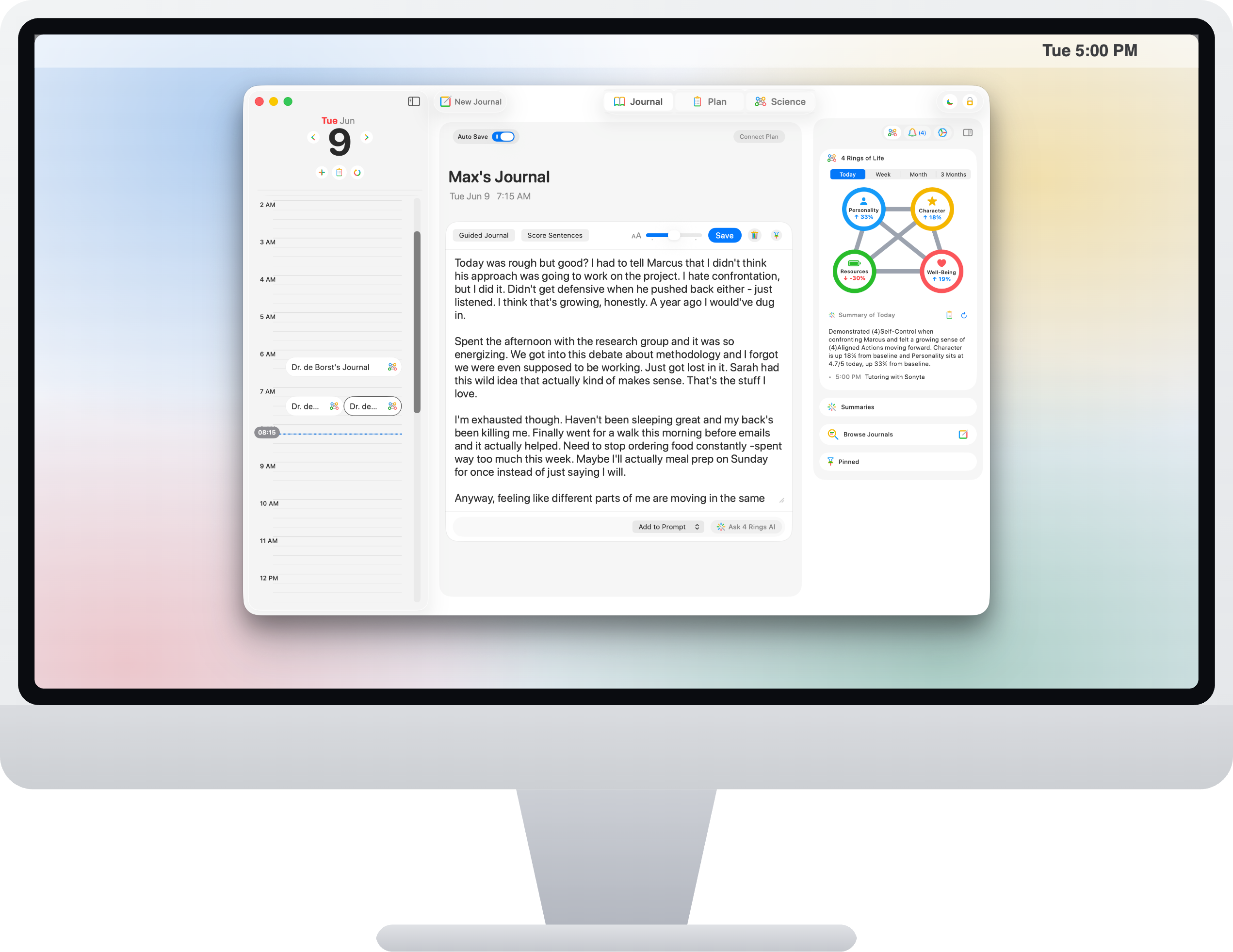 4 Rings on iMac — a journal entry scored against the four-rings model, with the live 4 Rings of Life panel.