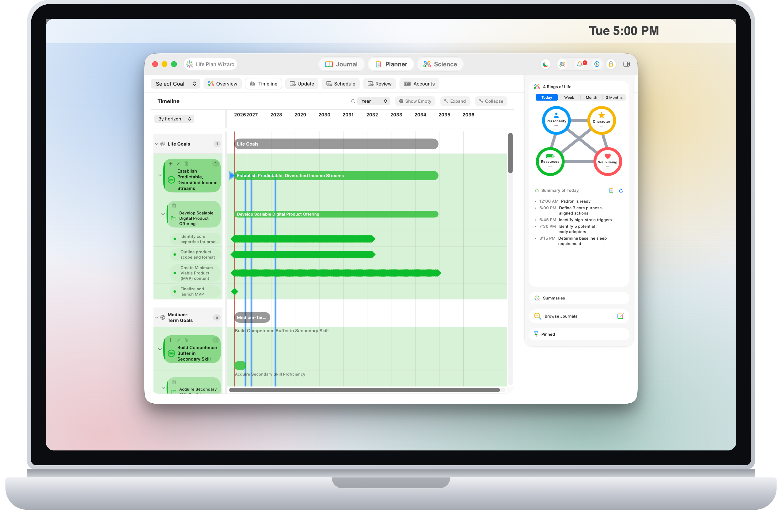 4 Rings Planner on MacBook — the Life Plan timeline.
