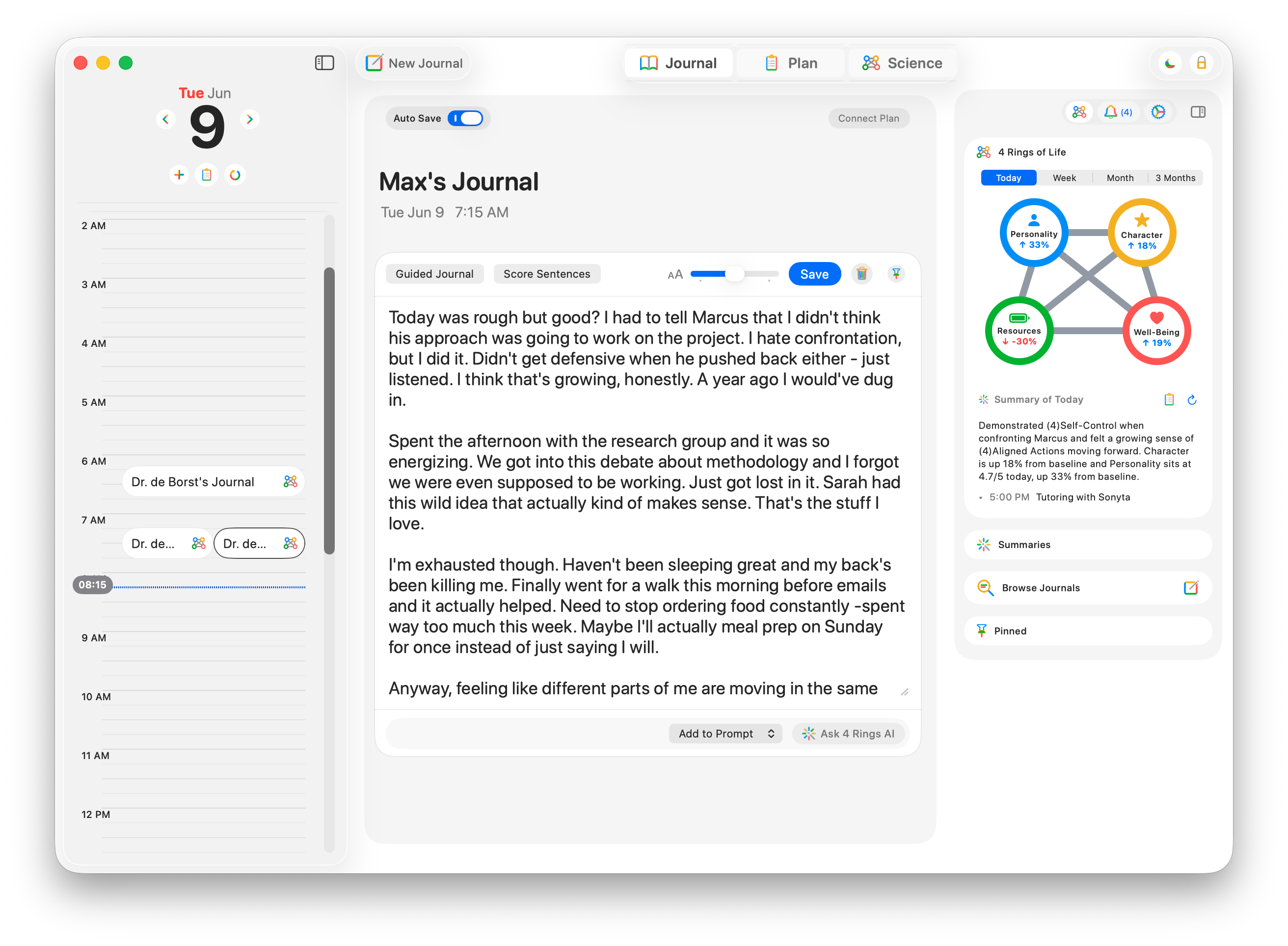 4 Rings on Mac — a journal entry scored sentence-by-sentence against the four-rings model, with the live 4 Rings of Life panel alongside.