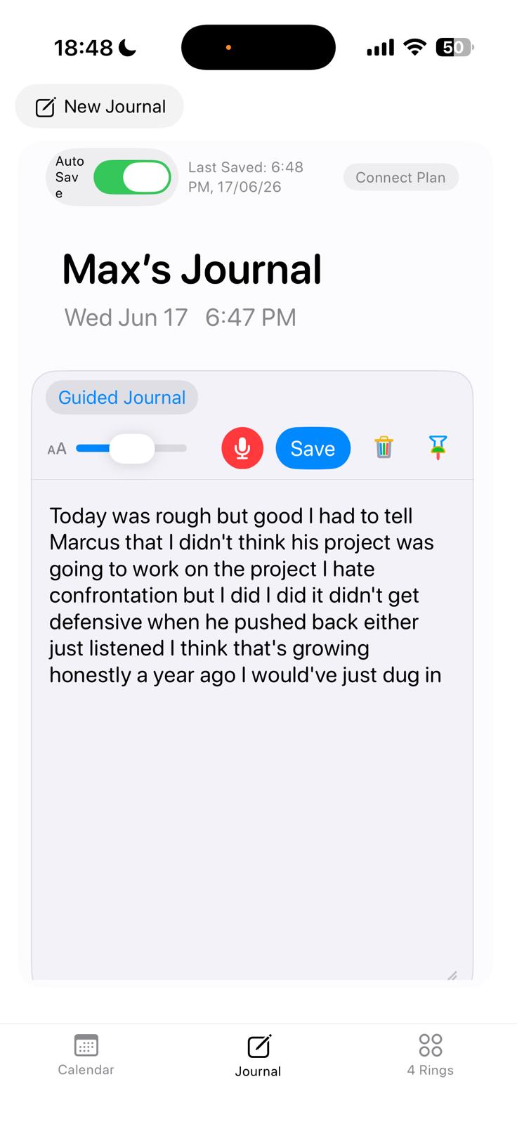 4 Rings on iPhone — journaling in your own words.