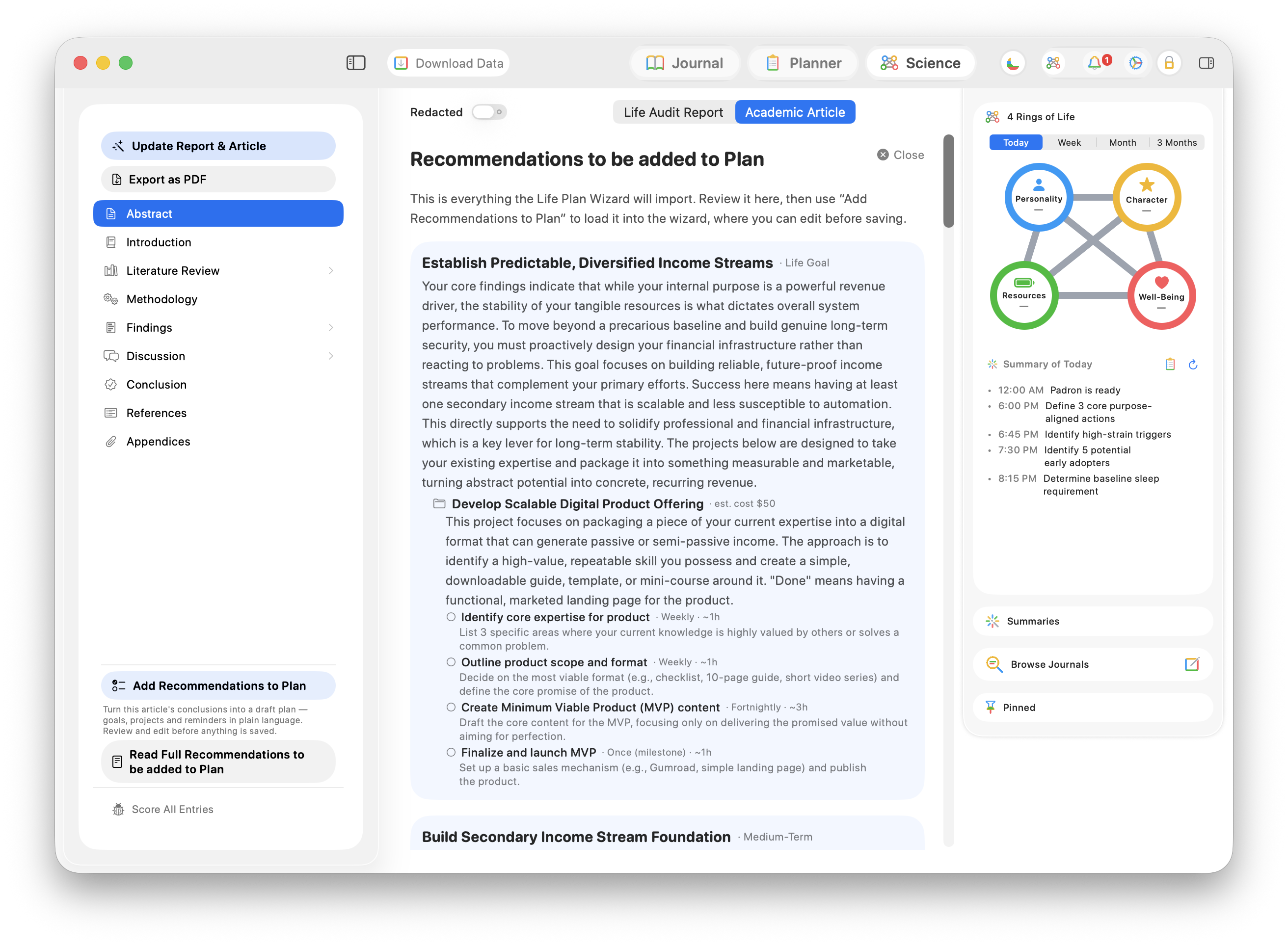 The Life Plan Wizard's recommendations — a life goal, its projects and concrete tasks, each with a cadence and estimated cost, drafted directly from the personal report before anything is saved.