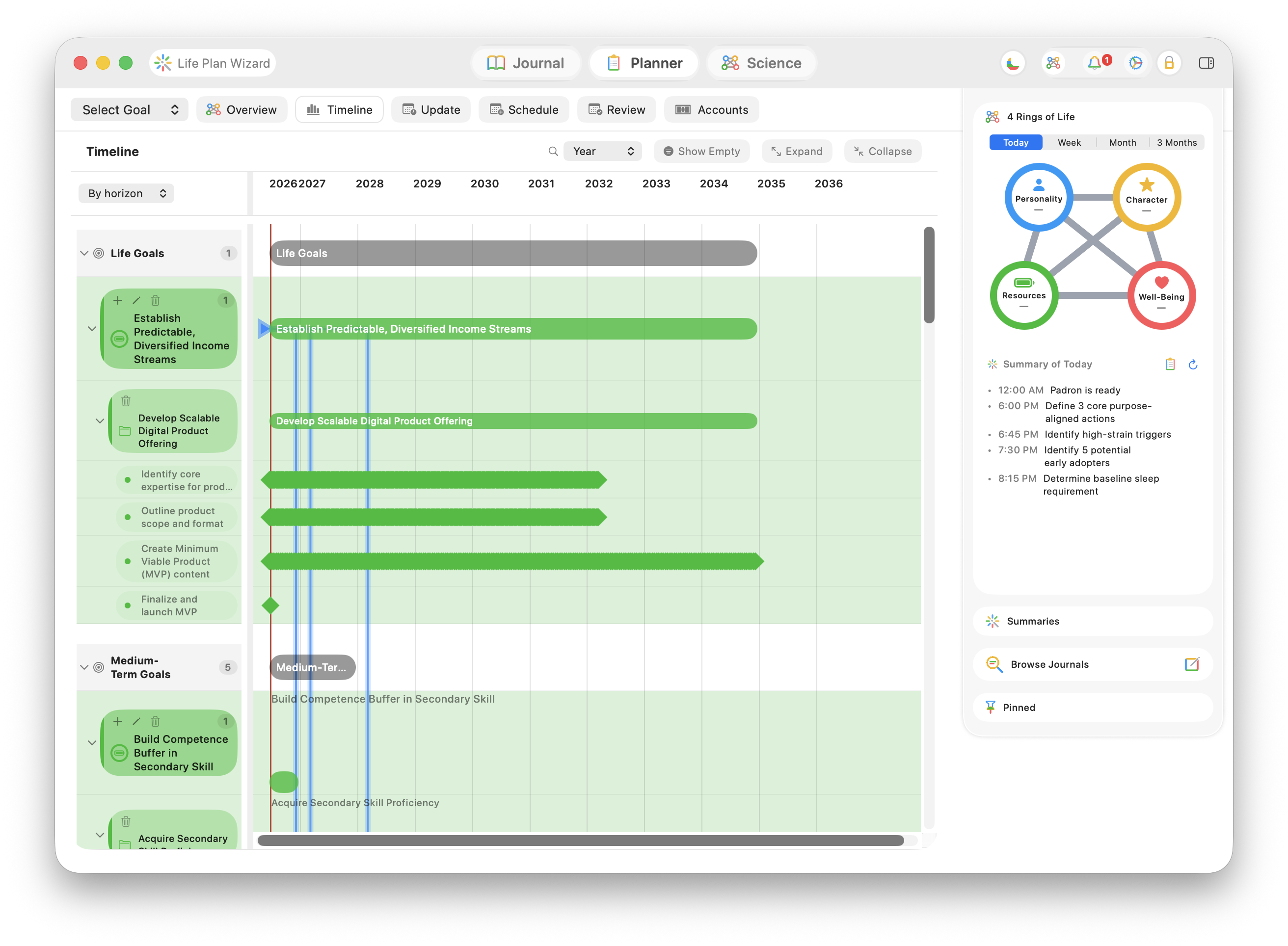 The Planner timeline in year view — life goals and projects laid out across a full decade, from 2026 to 2036.